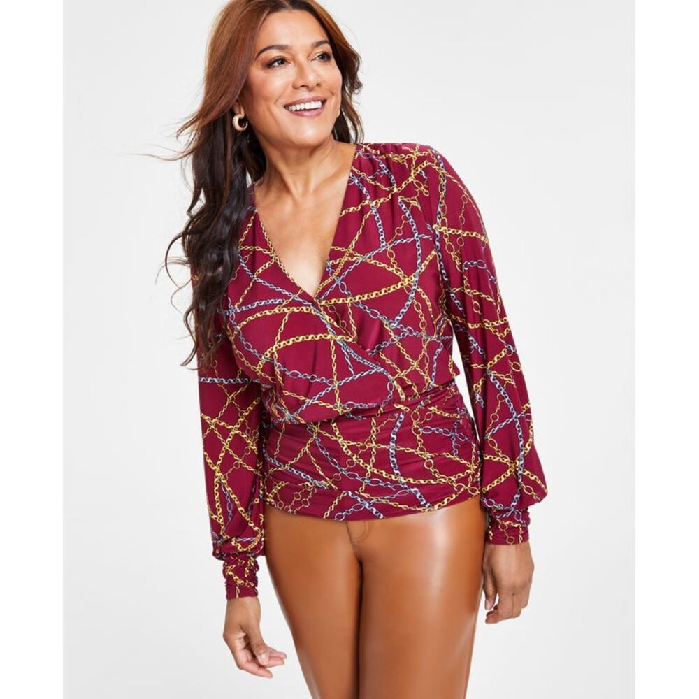 Women's Printed Ruched-Waist Surplice Knit Top